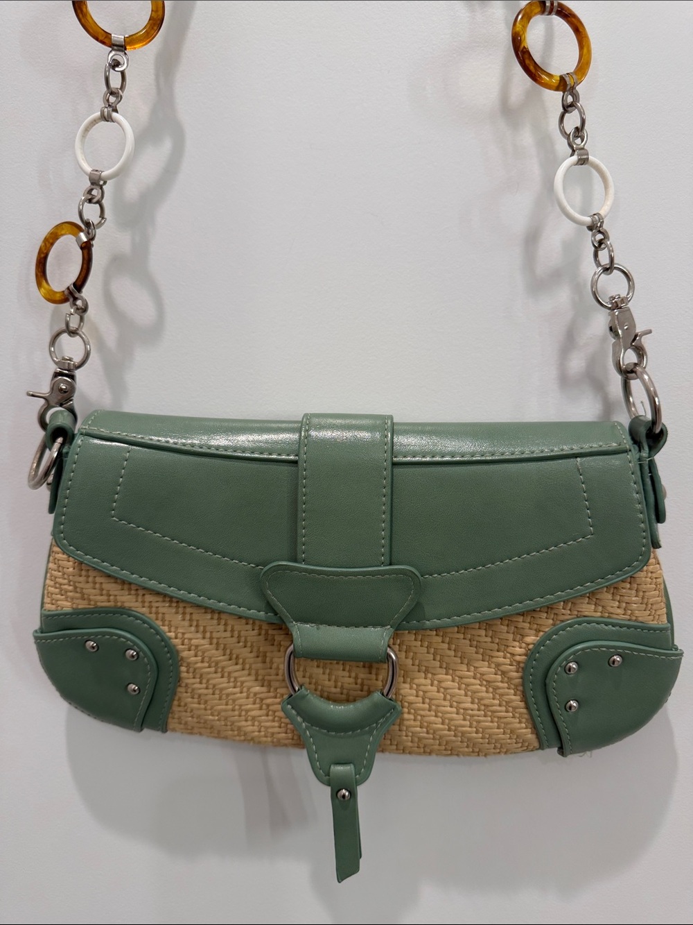 Urban Outfitters Mint Green Baguette Woven Shoulder Bag with Decorative Chain
